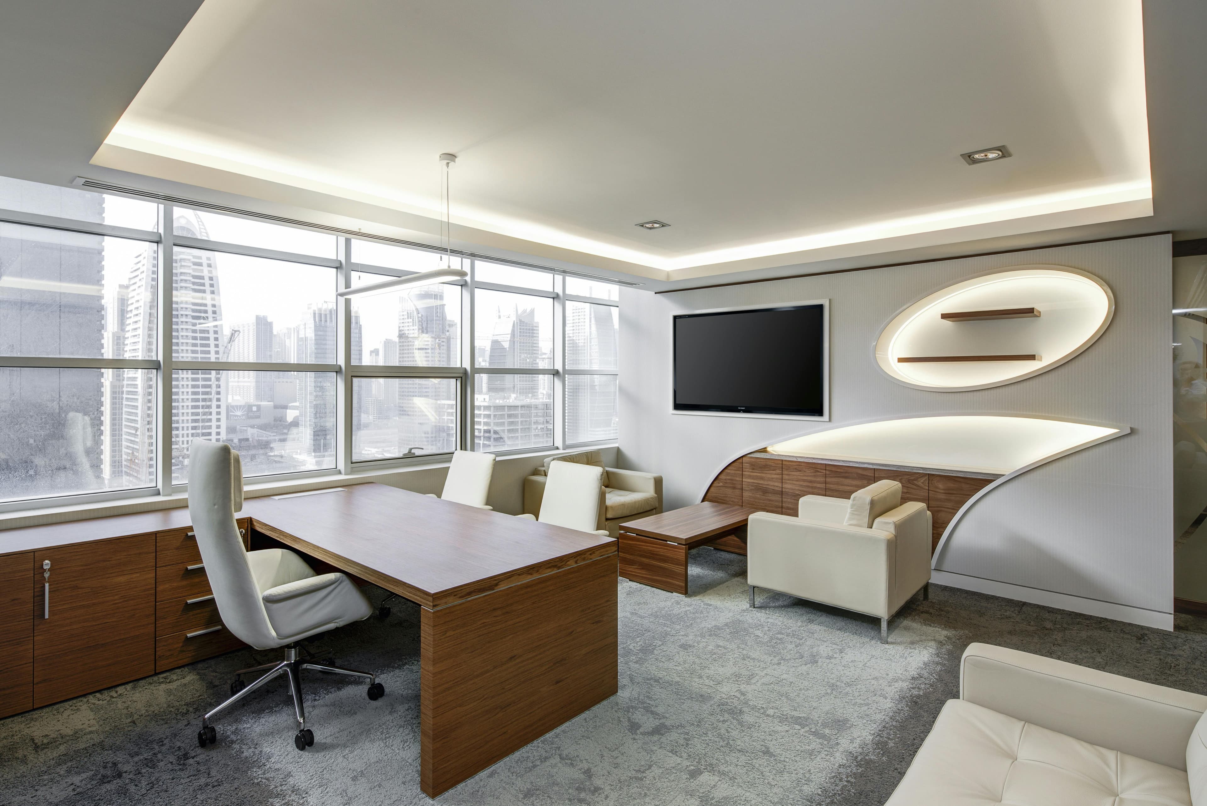 Office building lobby and workspace